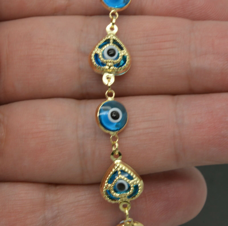 REAL 14K Yellow Solid Gold 71/2" Heart blue Color Evil Eye Bracelet 6.2gr.jpg