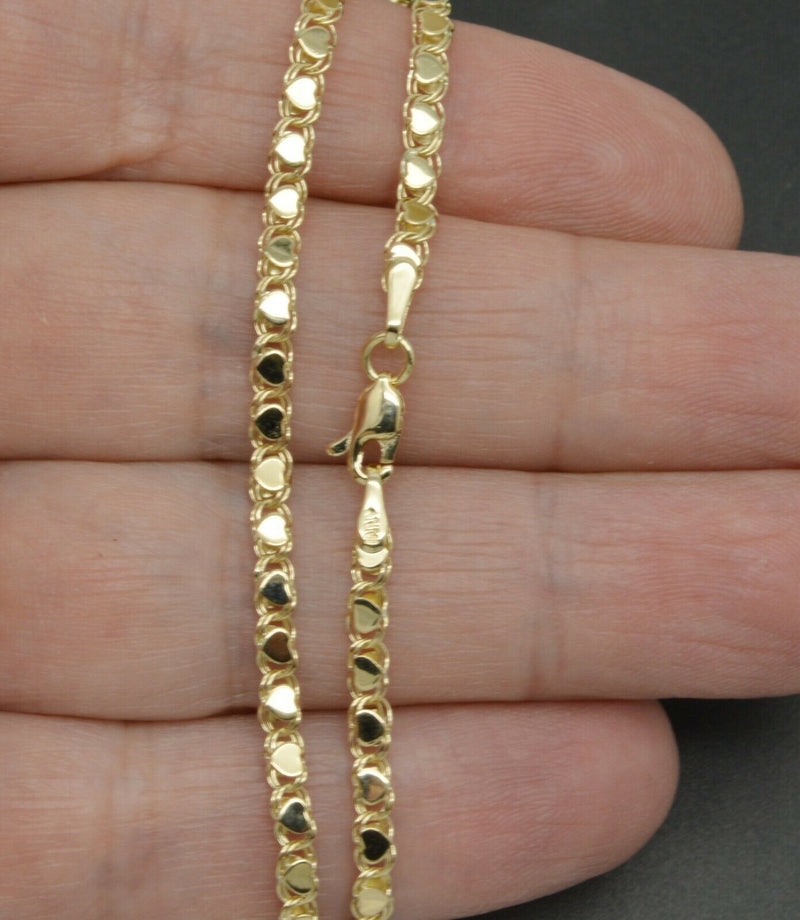 14k Yellow Solid Gold Mirrored Heart Link Chain Charm  Bracelet 7''.jpg