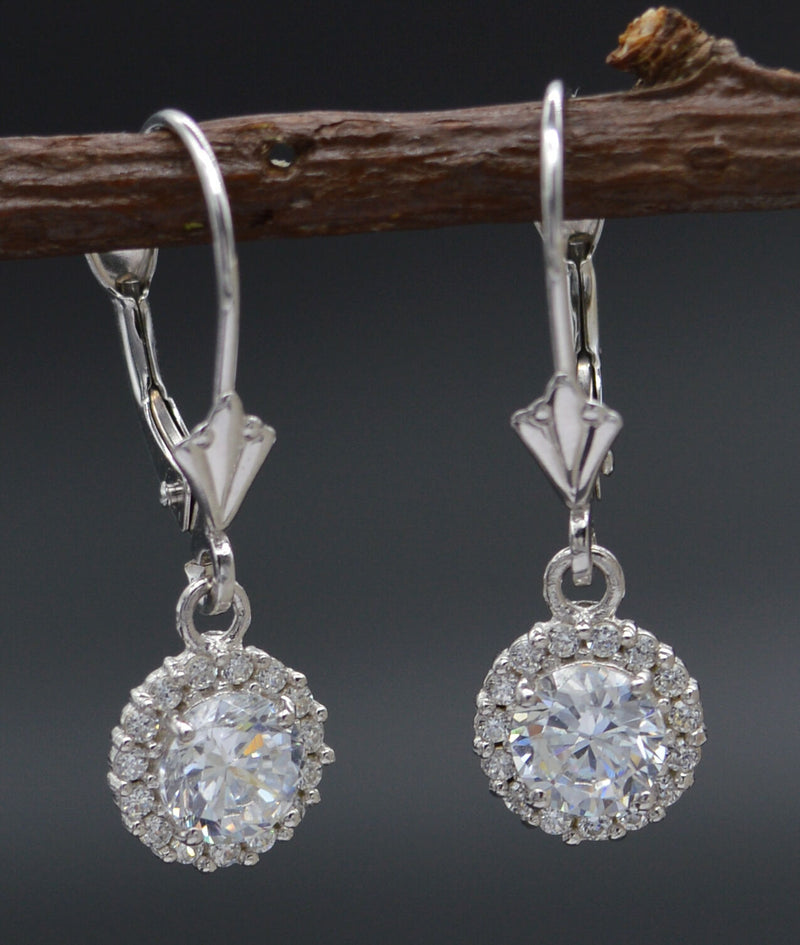 14K Solid White Gold  White CZ Round halo leverback Earrings