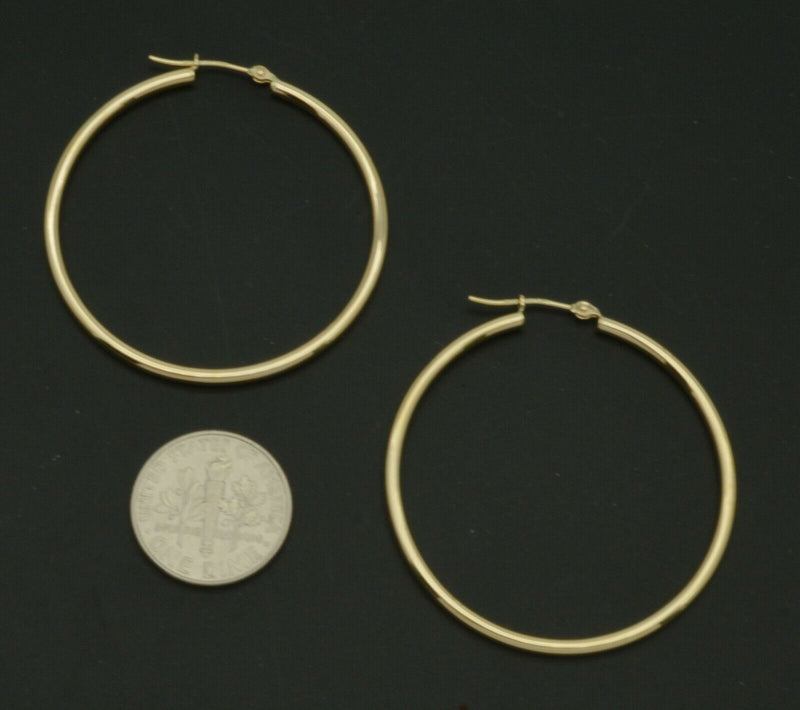 14k Solid Yellow Gold "Large" Plain Round hoop Earrings 40mm x2MM 1.7GR