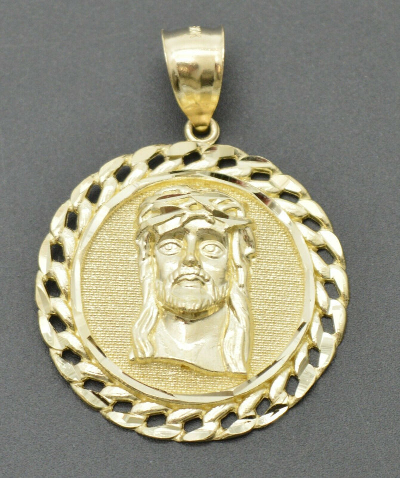 Real 10k Yellow Gold Cuban Bordered Diamond Cut 3D Jesus Head Pendant