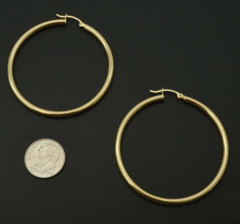 10k Solid Yellow Gold big Large High Polished hoop Earrings. 55mm x 3MM