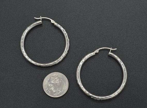 14k Solid White Gold big Large hoop Diamond Cut Earrings. 30mm x3MM 2GR