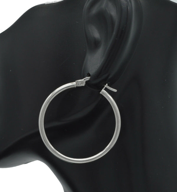 14k Solid  White Gold Large Plain Round hoop Earrings. 1 1/4'' 30mm x2MM 1.4GR