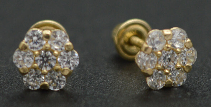 14k Solid Yellow Gold Created Diamond Floral Stud Earrings ScrewBack