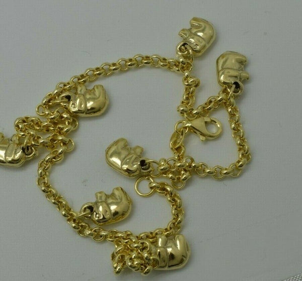 Real 10K Yellow Gold rolo Link lucky elephant Ankle Bracelet  9'' - 10''.jpg