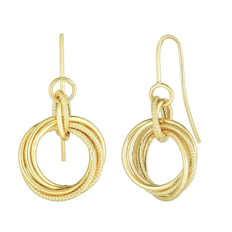 14k Yellow Solid Gold Italian Love Knot polished Dangle Euro Wire Earrings