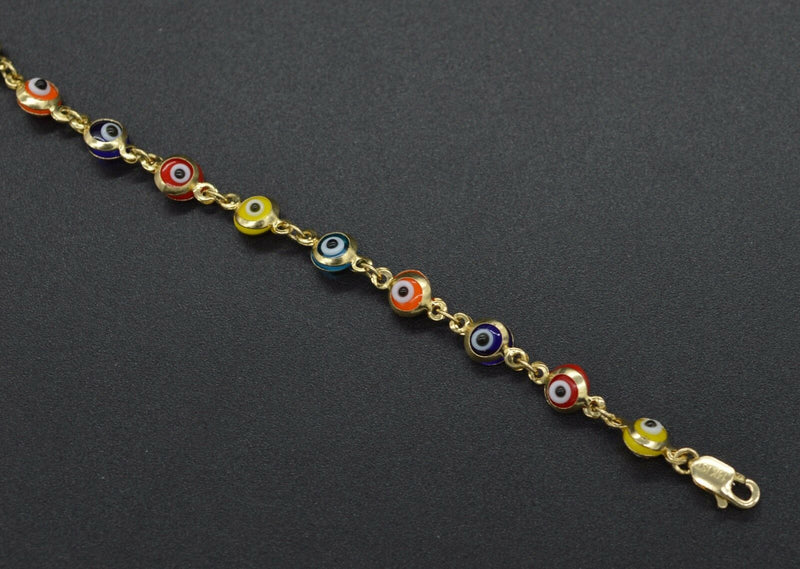 14K Yellow Solid Gold 6" Multi Color Kids Evil Eye Bracelet 2.2gr.jpg