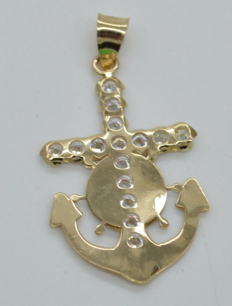 14k Solid Yellow Gold Anchor cross Religious cz Pendant +18 Chain #ga92