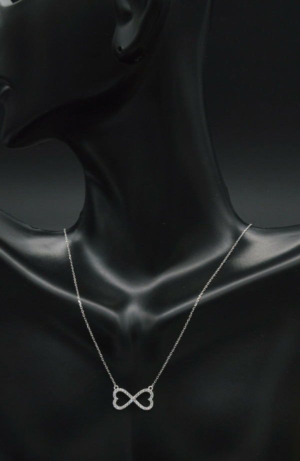 14K White Solid Gold Created Diamond 0.20ct Heart Infinity Pendant Chain