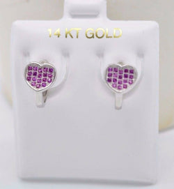 JM03 14K Solid White Gold 12mm Heart Pink Cubic Zirconia(CZ) Hoop Earrings