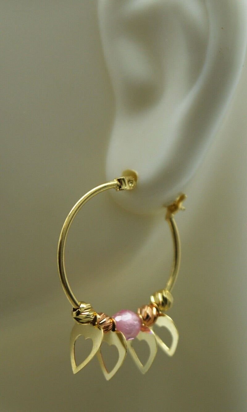 Real 14K Yellow Gold Hoop Dangling Movable Heart  Pink Bead Earrings 25.8mm