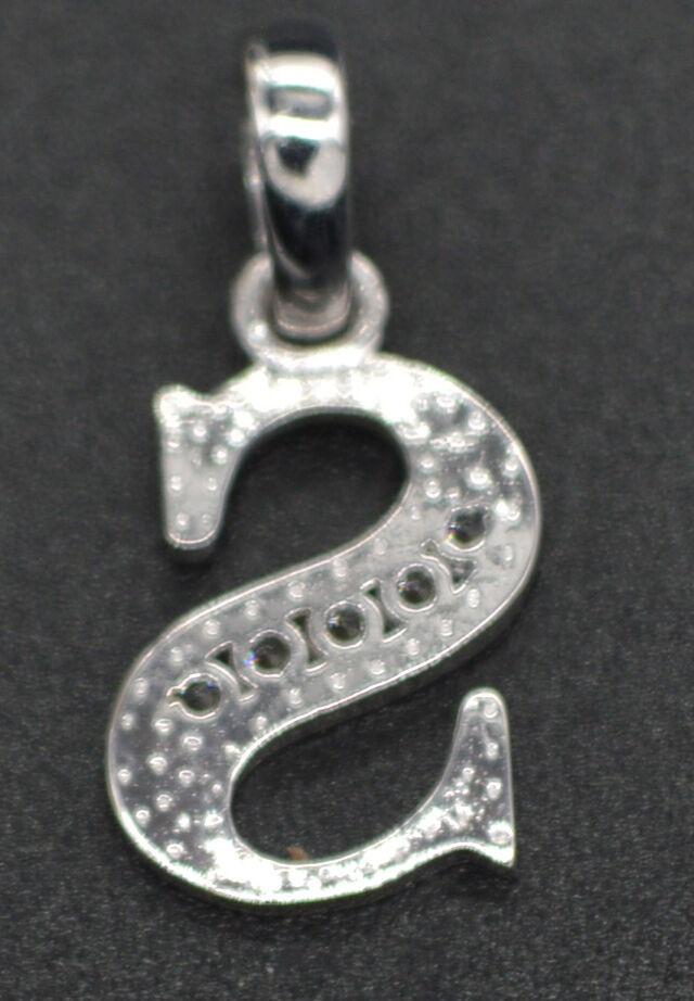 14K White Solid Gold Created Diamond Initial Letter S + 18" Chain Necklace