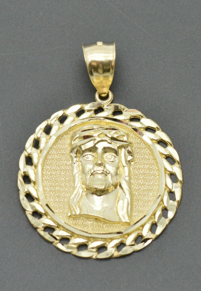 Real 10k Yellow Gold Cuban Bordered Diamond Cut 3D Jesus Head Pendant