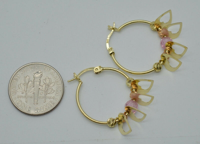 Real 14K Yellow Gold Hoop Dangling Movable Heart  Pink Bead Earrings 25.8mm