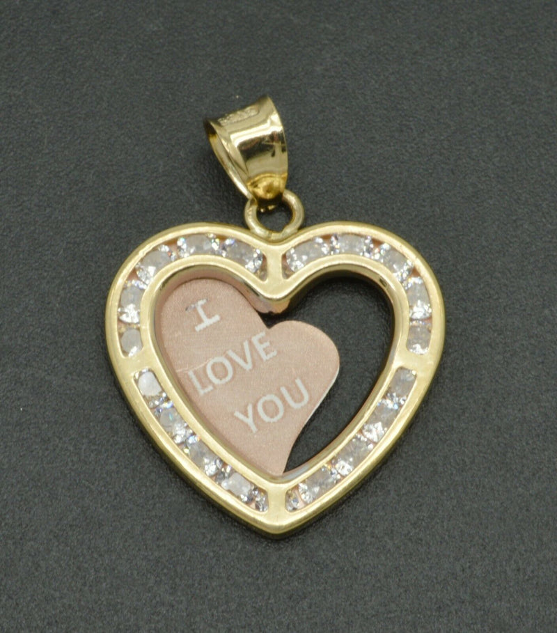 14K Solid Yellow & Rose Gold CZ "I LOVE YOU" Heart Shape Pendant