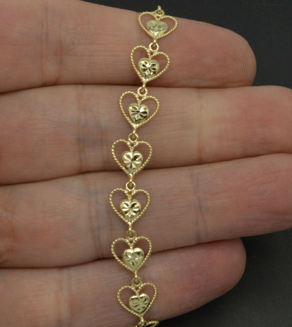 Real 10k Yellow Gold Filigree Diamond Cut Heart love Bracelet 7.8mm 71/2''