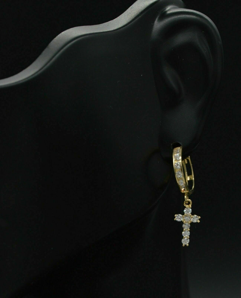 14K Yellow Solid Gold Huggie cross Round Created Diamond Brilliant Earrings