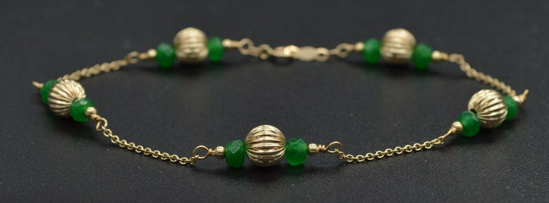 14K Solid Yellow Gold Green Emerald & Corrugated Ball Bead Bracelet 7.5".jpg