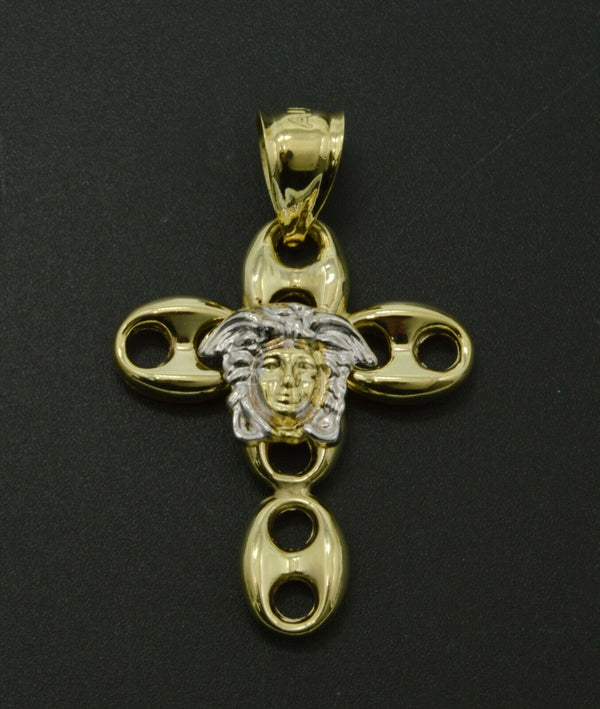 Real 10K Yellow White Gold 1.5 " 3D Puffed Mariner Medusa Cross Pendant