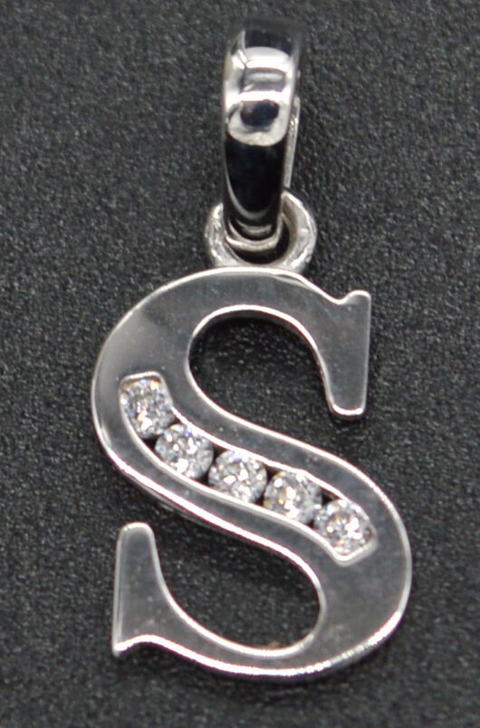 14K White Solid Gold Created Diamond Initial Letter S + 18" Chain Necklace