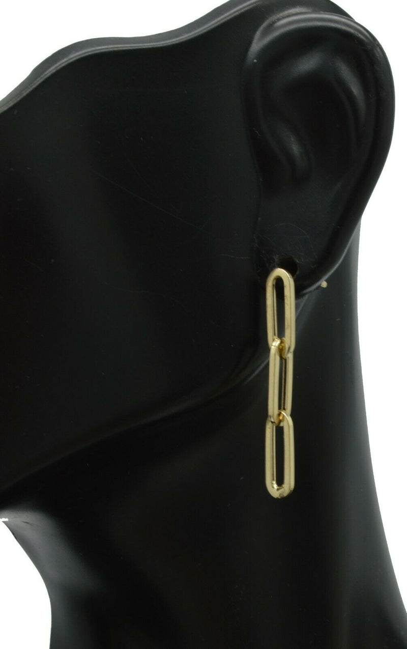 14k Yellow Solid Gold 3 Link Paper clip Drop polished 1.10'' Earrings