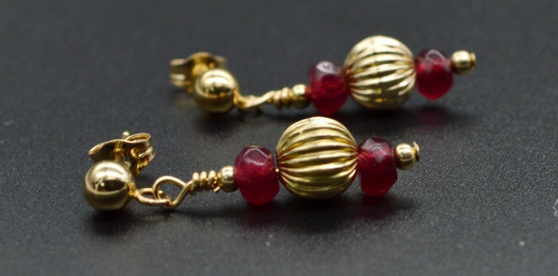 New 14K Solid Gold Natural Ruby & Corrugated Beaded Drop Earrings