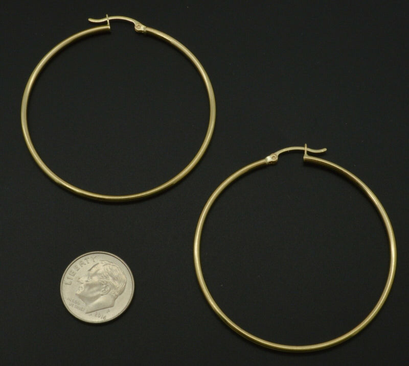 10k Solid Yellow Gold Large High Polished hoop Earrings. 50mm x 2MM 3.00gr