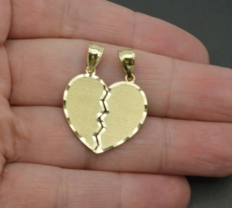 14K Solid Yellow Gold Engravable Broken Heart Pendant Charm 2.7gr