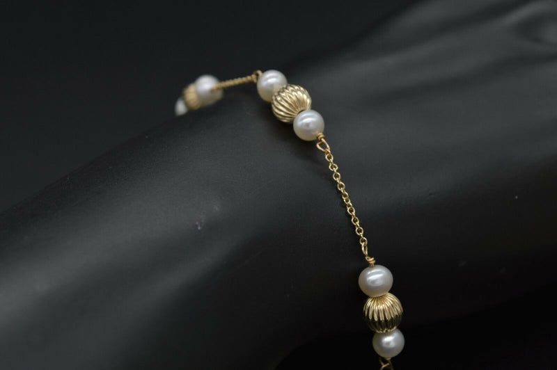 14K Solid Yellow Gold Cultured Pearl & Corrugated Ball Bead Bracelet 7.5".jpg