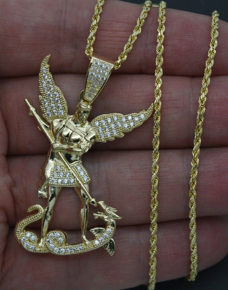 Real 10K Yellow Gold Saint Michael The Archangel Pendant + Chain 16''-24''