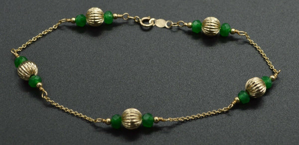 14K Solid Yellow Gold Green Emerald & Corrugated Ball Bead Bracelet 7.5".jpg