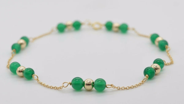 NEW 14K Solid Yellow Gold Green Quartz Bead Bracelet 7.5".jpg