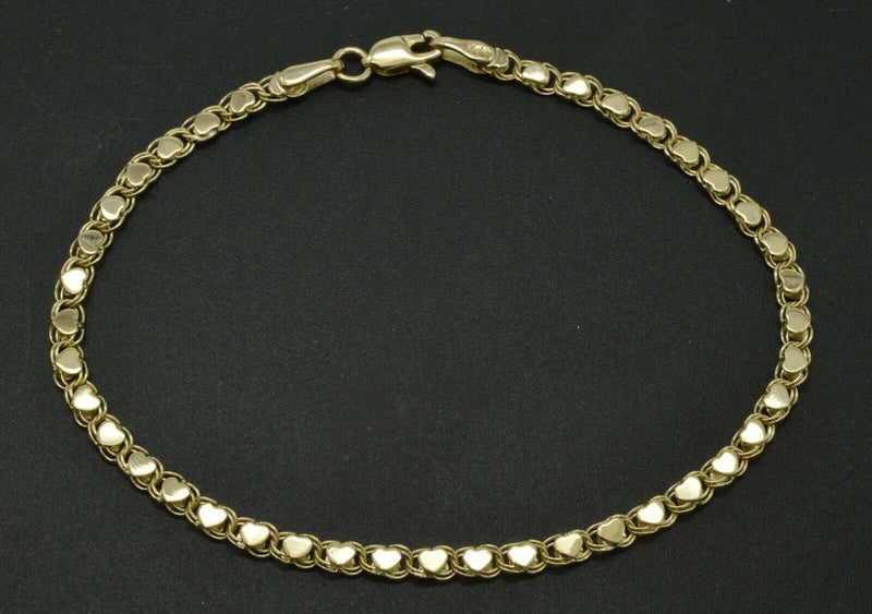 10k Yellow Solid Gold Mirrored Heart Link Reversible Anklet Bracelet 9'' 10''.jpg