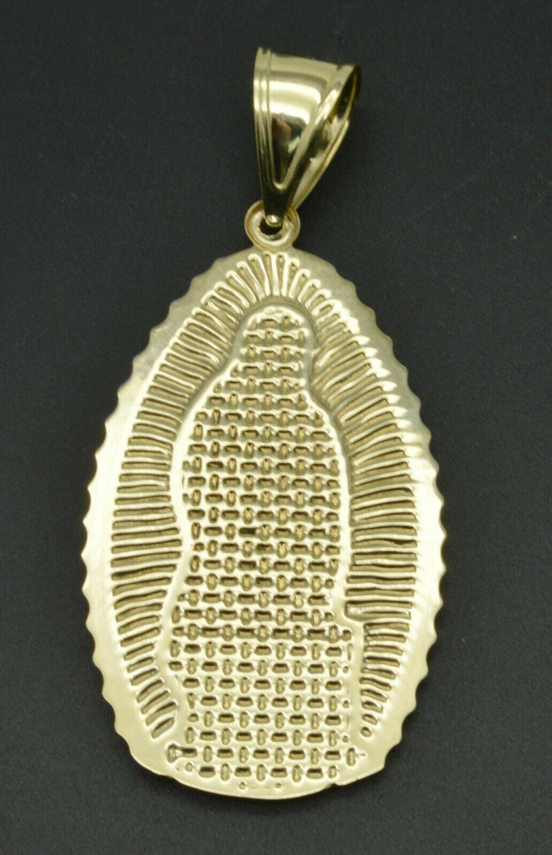 Real 10K Yellow White Gold Lady Guadalupe Virgin Mary Pendant Charm Diamond Cut