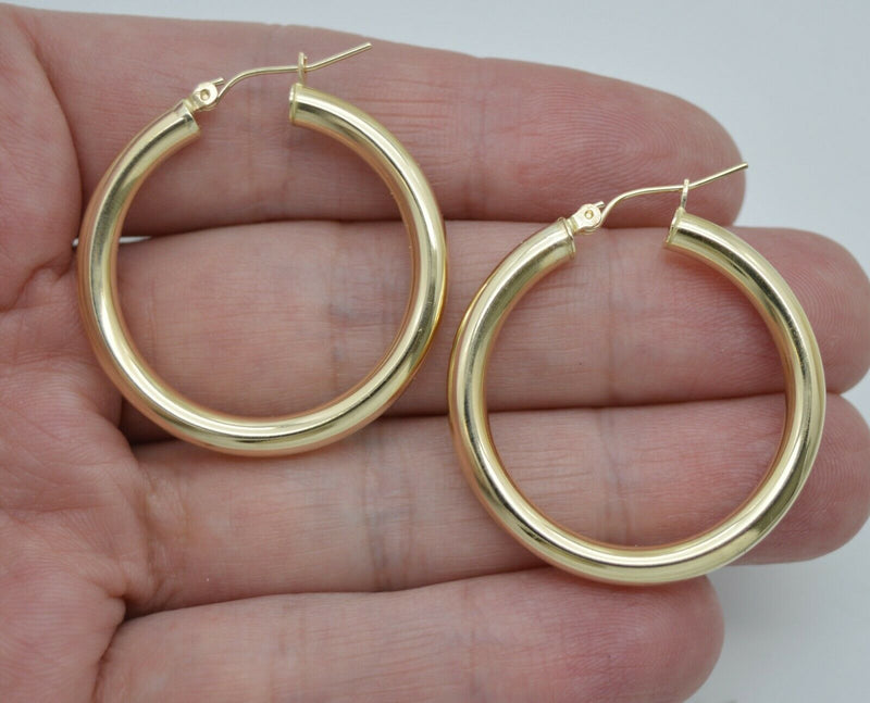 Real 14K Yellow Gold Hoop Shiny Earrings 35mm x4mm 3.7gr