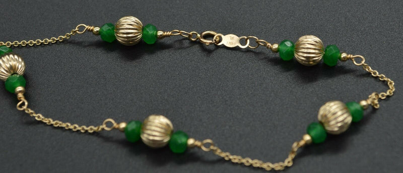 14K Solid Yellow Gold Green Emerald & Corrugated Ball Bead Bracelet 7.5".jpg