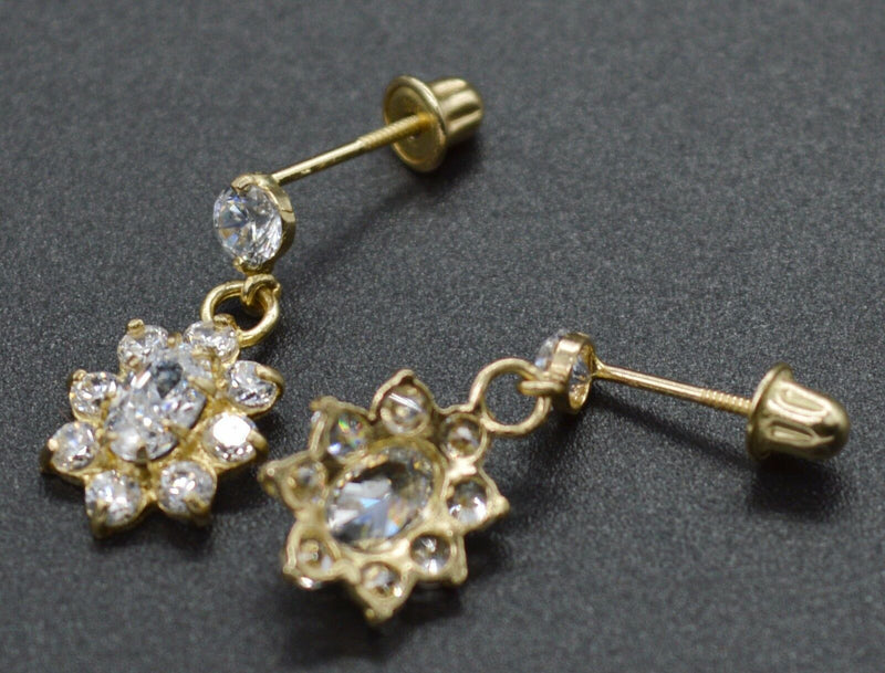 14K Solid Yellow Gold 16mm Flower White Cubic Zirconia CZ Dangle Earrings