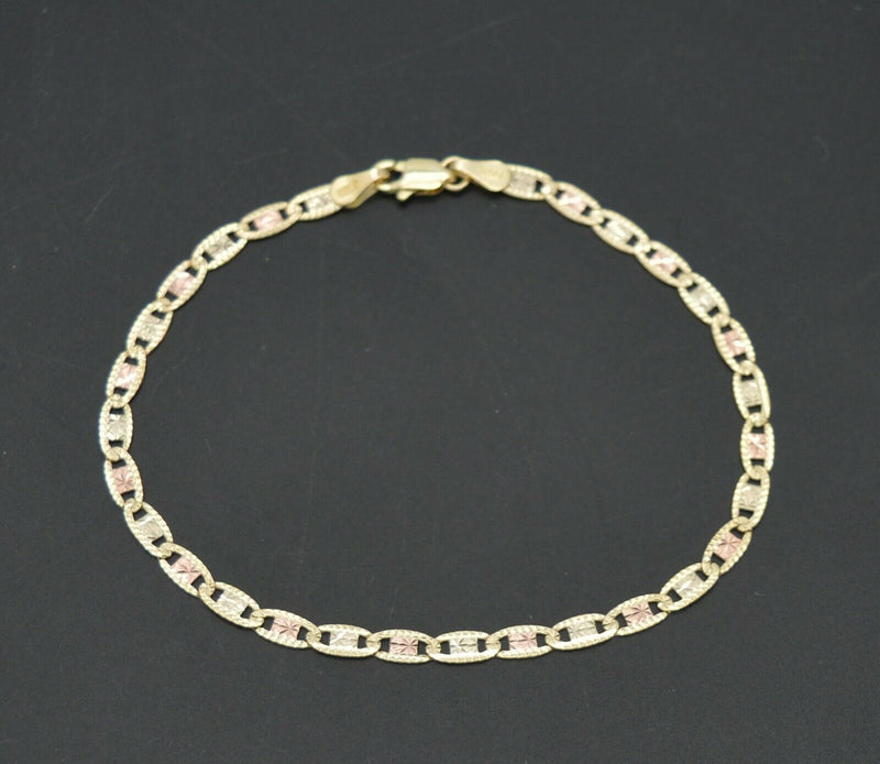 Real 10k Tri-Color Gold 3mm Valentino link Diamond Cut Bracelet 7"