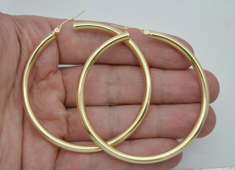 Real 14K Yellow Gold Extra Large Hoop Shiny Earrings 60mm x4mm 6.4gr