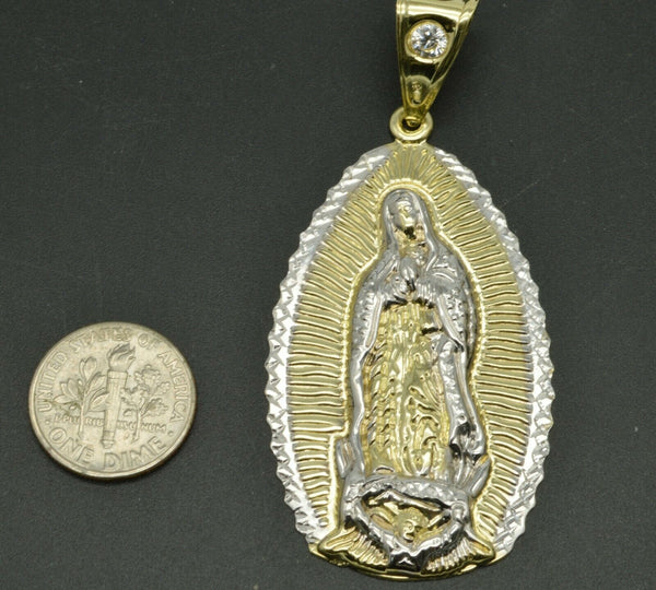 Real 10K Yellow White Gold Lady Guadalupe Virgin Mary Pendant Charm Diamond Cut