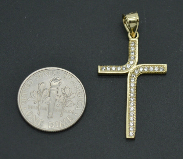 Real 10k Yellow Gold Cross CZ Pendant 1.38" + Chain 16"-24"