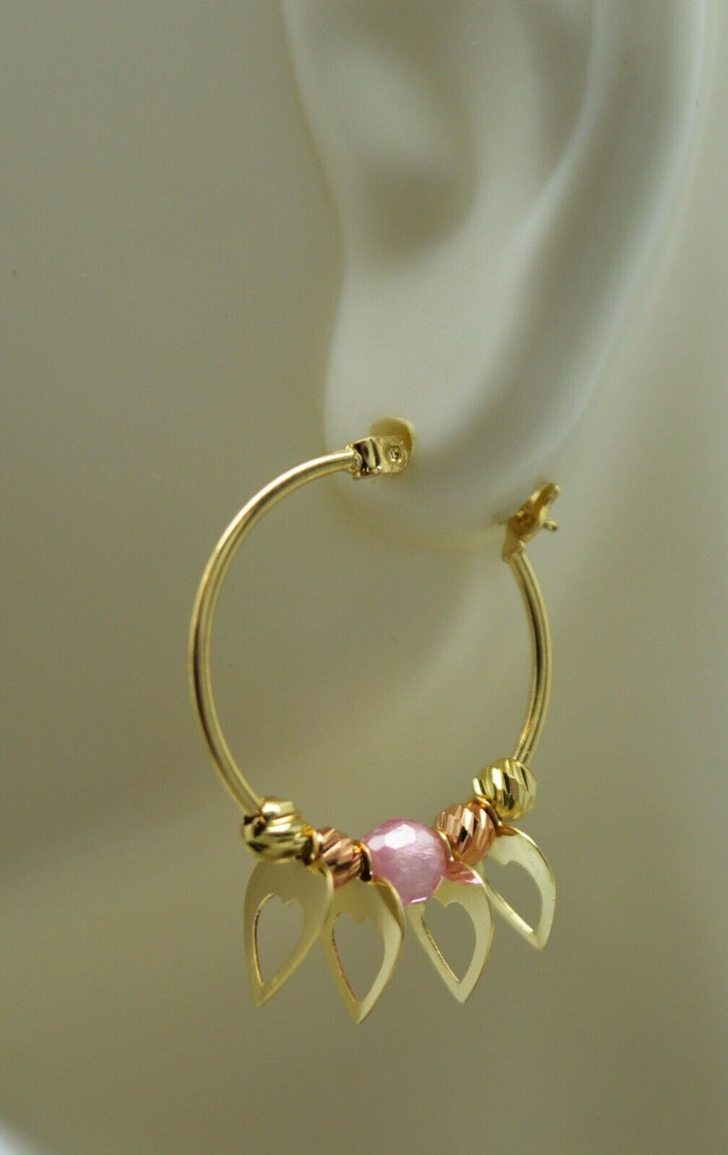 Real 14K Yellow Gold Hoop Dangling Movable Heart  Pink Bead Earrings 25.8mm