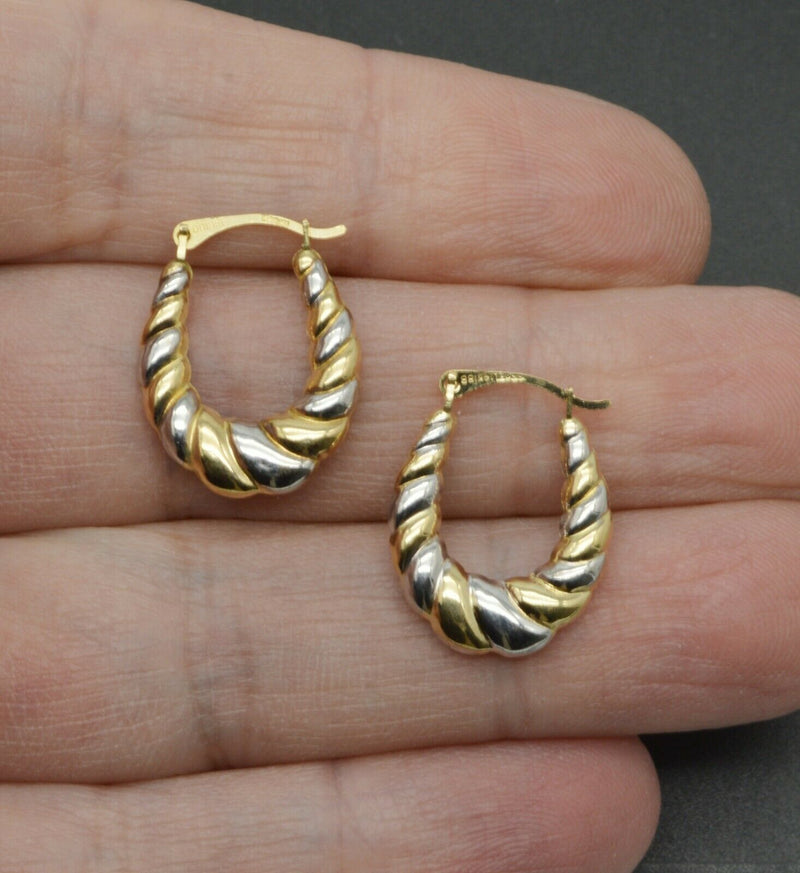 14k Solid  Yellow & White Gold Roped Oval Hoop Earrings.  Length 20MM