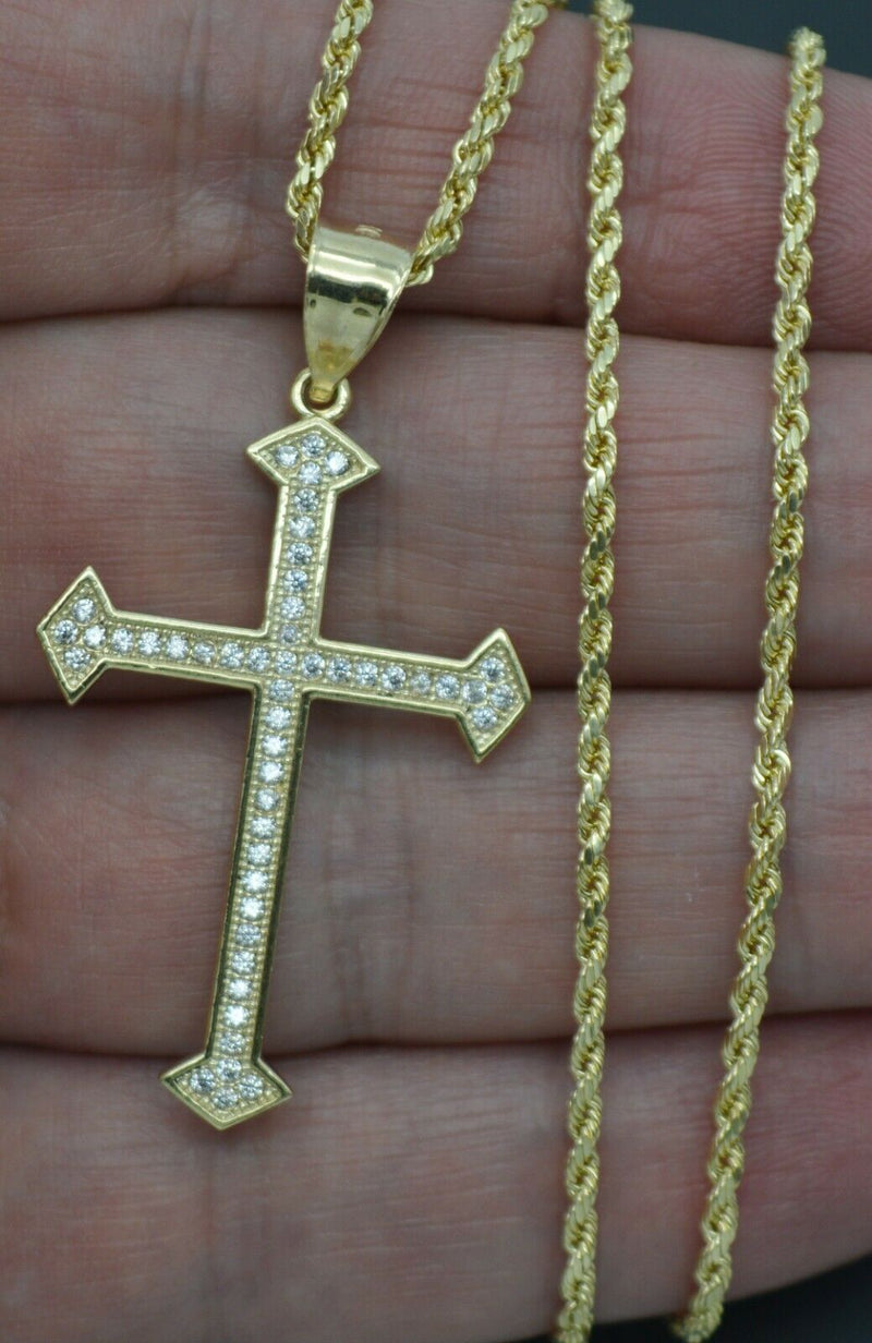 Real 10k Yellow Gold CZ Jesus Christ Crucifix Cross Pendant 1.75" + Chain 16''-24''