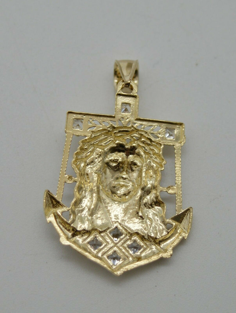 Real 10K Yellow Gold CZ Jesus Head Anchor Diamond Cut Pendant + Chain 16"-24"