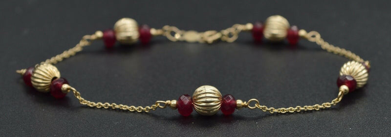 14K Solid Yellow Gold Natural Ruby & Corrugated Ball Bead Bracelet 7.5".jpg