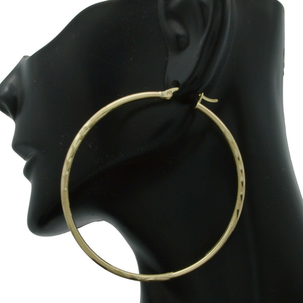 14k Solid Yellow Gold Large hoop Diamond Cut Earrings 50mm x2mm 3.1GR