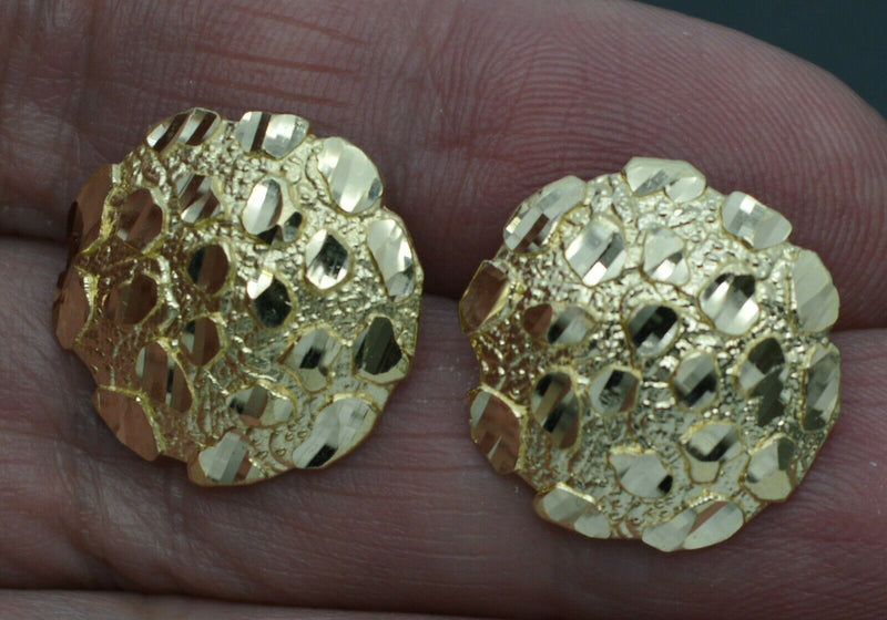 Real 10K Yellow Gold Large Round Diamond Cut Nugget Stud Earrings 18.6mm