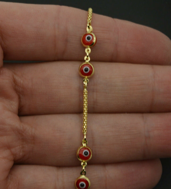 14K Yellow Solid Gold 7" Red Color Evil Eye Bracelet 2.4gr.jpg